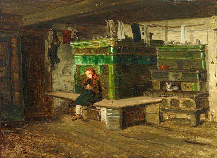 Georg Saal view into a Blackforest living room with small girl on the oven bench France oil painting art